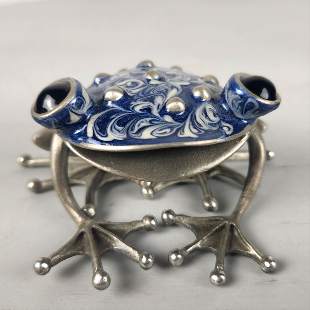 Stepper Blue Enamel on Pewter Smiling Frog with Black Eyes Figurine - Signed
